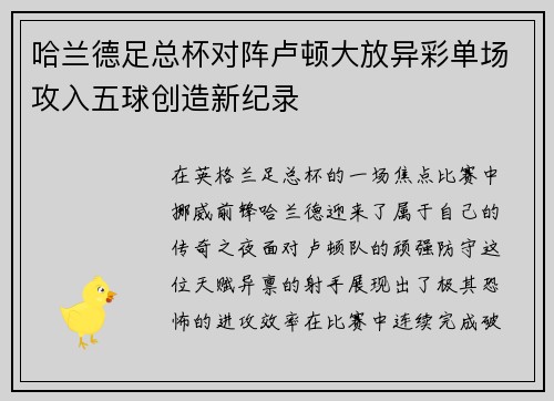 哈兰德足总杯对阵卢顿大放异彩单场攻入五球创造新纪录 哈兰德足总杯对阵卢顿大放异彩单场攻入五球创造新纪录